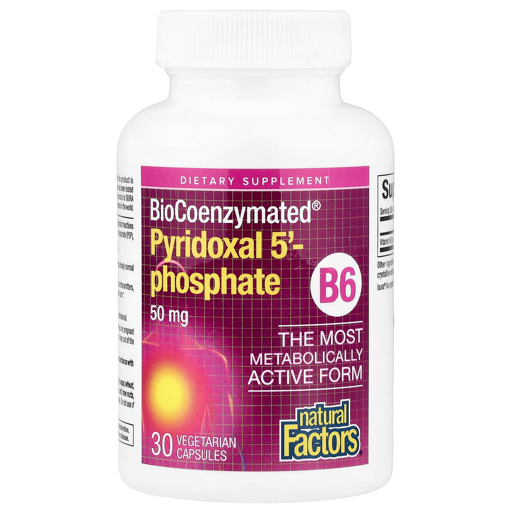 Natural Factors, BioCoenzymated®, B6, пиридоксаль 5'-фосфат, 50 мг, 30 вегетарианских капсул
