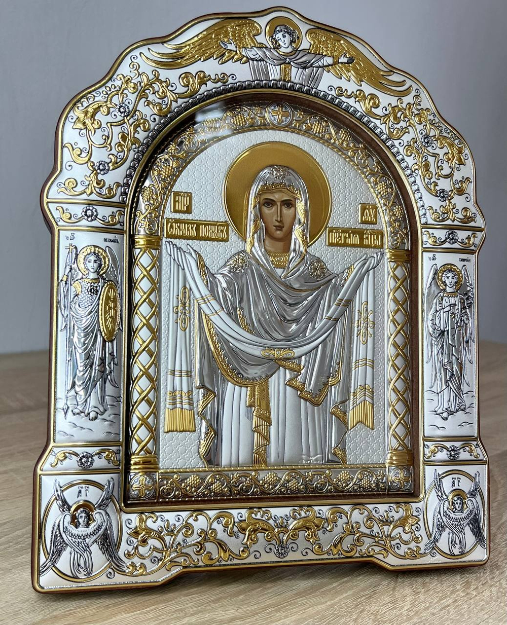 Покрова БМ, икона арочная с рамкой под стеклом, красное дерево 206х270