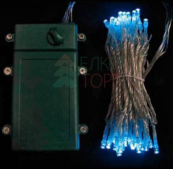 Светодиодная гирлянда 5 м., 3 батарейки типа D 4.5V, 50 LED ламп небесно голубого цвета, таймер, прозрачный провод, LTC (EST50-4W10-8SB)