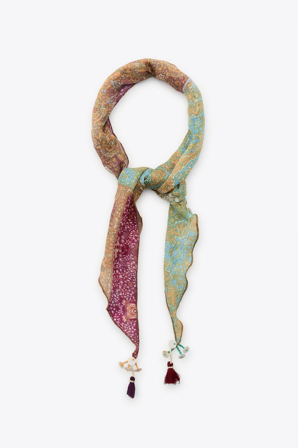 ZARA БАНДАНА С ПРИНТОМ, БУСИНАМИ И ПОМПОНАМИ, РАЗНОЦВЕТНЫЙ