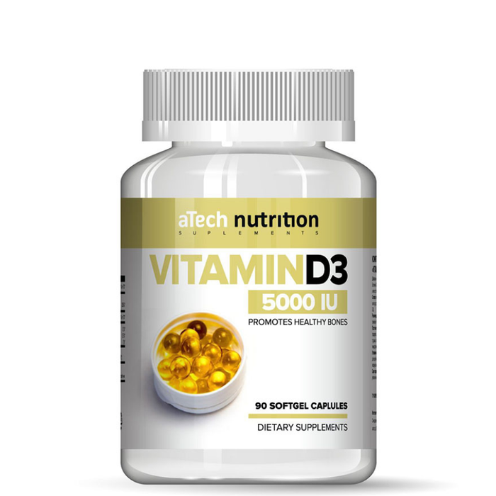 Витамин Д3, Vitamin D3, 5000МЕ, aTech nutrition, 90 желатиновых капсул