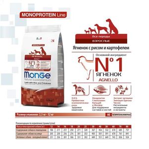 Сухой корм Monge Dog Speciality Line Monoprotein для взрослых собак всех пород, из ягненка с рисом и картофелем