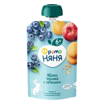 Фрутоняня пауч пюре из яблок, черники с печеньем 90г с 6 месяцев