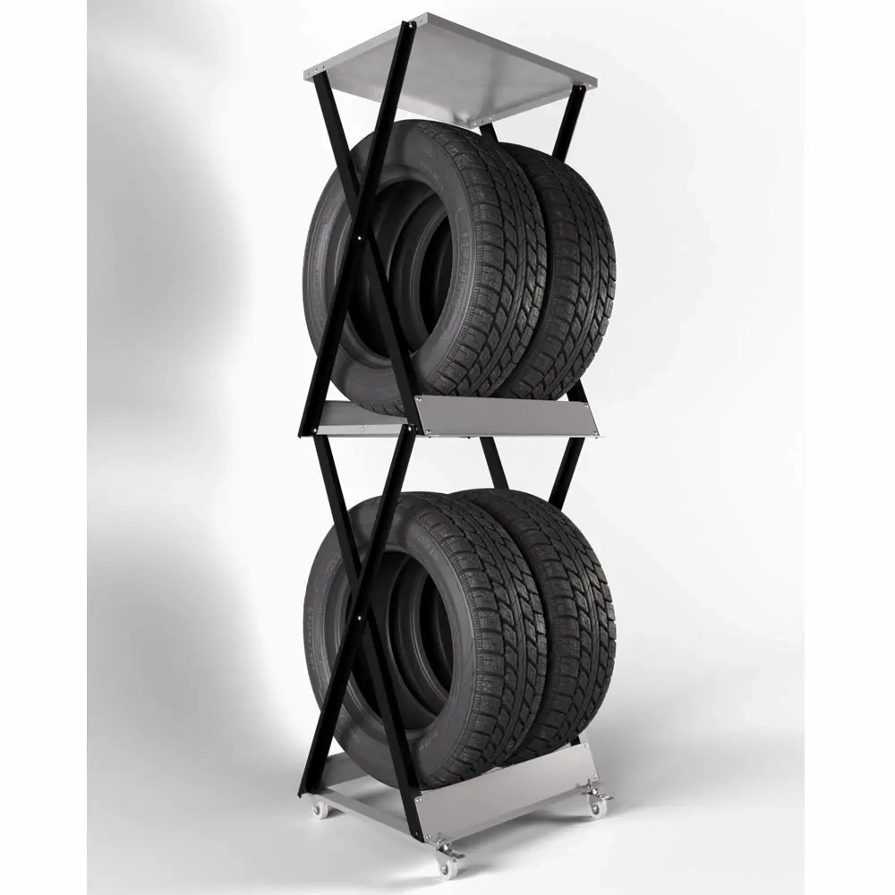 Черный вертикальный стеллаж для автомобильных колес и шин (до 255 мм), передвижная система хранения для гаража.