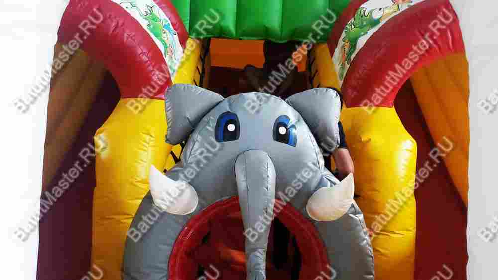 Надувной батут-горка "Слоник в джунглях с двумя горками с прямым скатом", 6*5*5.5 м