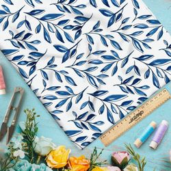 Ткань саржа утончённые листья синие