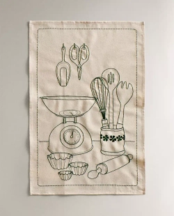 ZARA HOME КУХОННОЕ ПОЛОТЕНЦЕ ИЗ ХЛОПКА С ВЫШИВКОЙ «ПОСУДА», ЭКРЮ