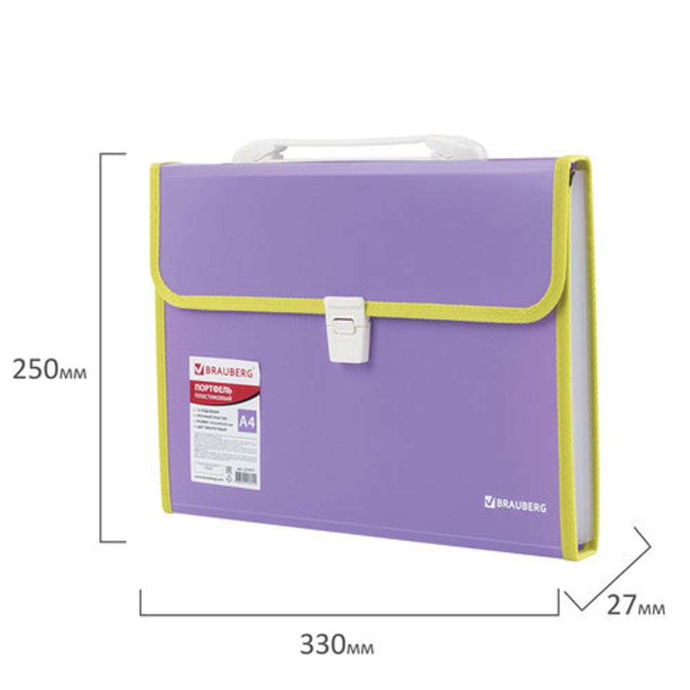 Папка-портфель пластиковая BRAUBERG "JOY", А4 (330х245х35 мм), 13 отделений, с окантовкой, фиолетовая, 227977