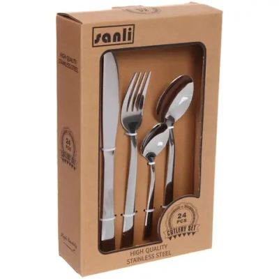 Набор столовых приборов «SANLI» 24шт (6ножей, 6вилок, 6ст.ложек, 6ч.ложек),прямая ручка,цвет серебро