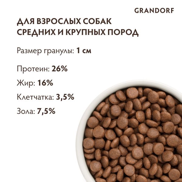 Уценка! Срок 17.06.26/ Сухой корм Grandorf DOG Duck&Turkey MED&MAXI для взрослых собак средних и крупных пород, утка с индейкой