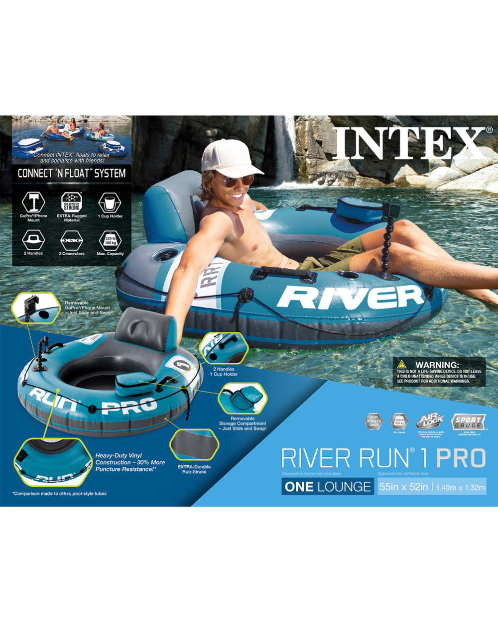 Надувное кресло для плавания Intex 56843 River Run, круглый плот-кресло с ручками и подстаканниками для бассейна и моря