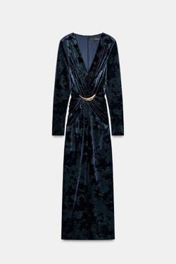 ZARA БАРХАТНОЕ ПЛАТЬЕ МИДИ С ФУРНИТУРОЙ, СИНИЙ