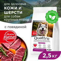 Корм сухой для взрослых собак крупных пород, премиум полнорационный комплекс, здоровье кожи и шерсти, с говядиной, 2,5 кг, QUATTRO