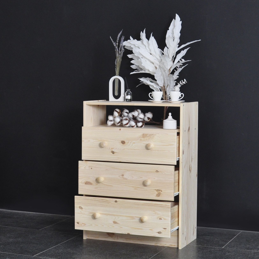 Комод деревянный Раст с 3 ящиками и полкой для хранения вещей, с органайзерами, из массива сосны в натуральной отделке