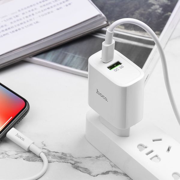 Адаптер питания Hoco C57A Speed charger PD+QC 3.0 set cable Type-C to Lightning (USB: 5V max 3.1A/ 18Вт) Белый