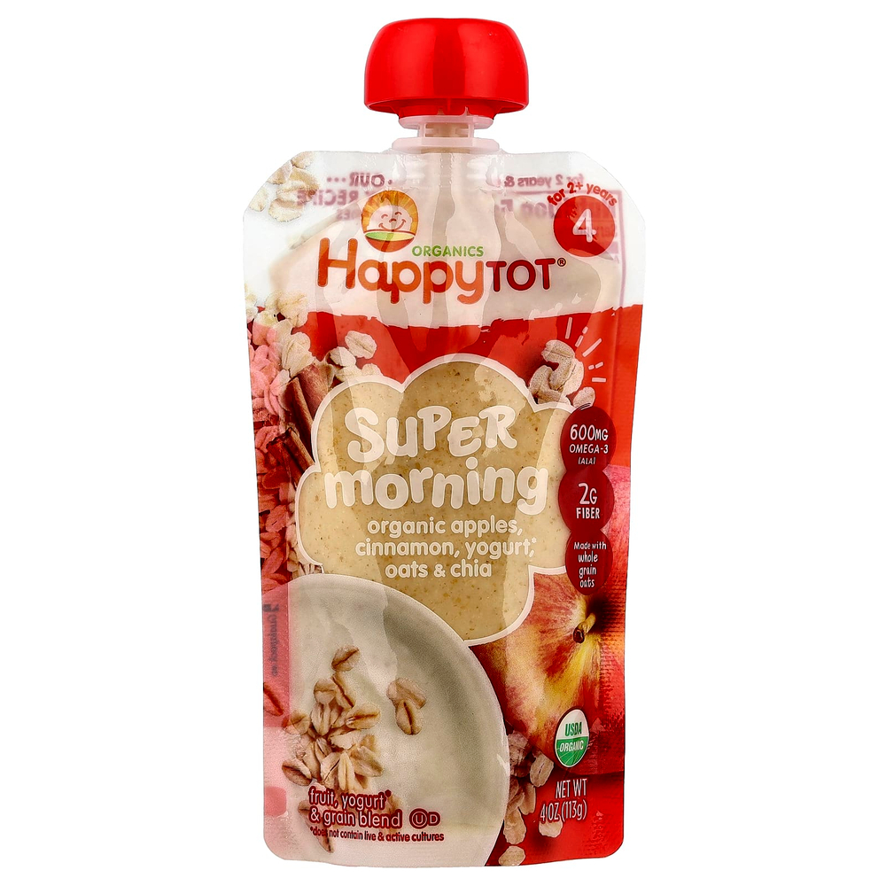 Happy Family Organics, Happytot, Super Morning, этап 4, органические яблоки, корица, йогурт, овес и суперчайя, 113 г (4 унции)