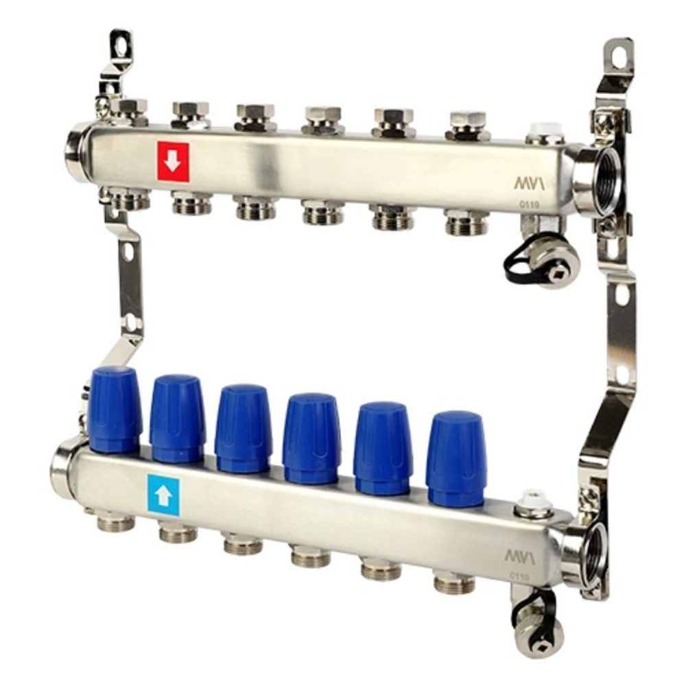 Блок коллекторный MVI из нержавеющей стали DN 25-6 выходов G 3/4, без расходомеров, с дренажным краном и воздухоотводчиком, евроконус, MS.606.06