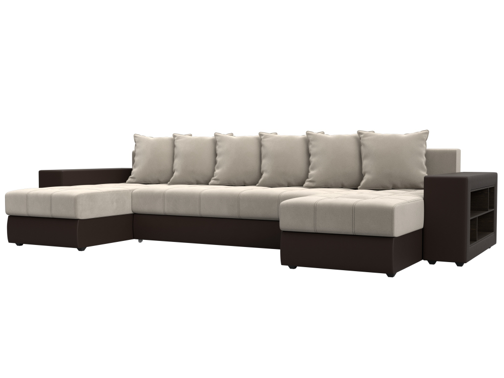 Диван П-образный Дубай полки справа, Бежевый\Коричневый, Микровельвет\Экокожа, 31510R