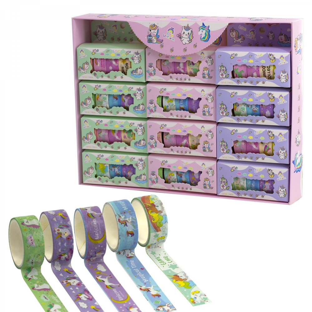 Декоративная клейкая лента Alingar, 15 мм х 2 м, 5 шт, "Единорожка UNICORN", асcорти, в индивидуальной упаковке, с европодвесом, шоу-бокс