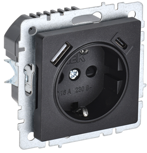 BRITE Розетка 1-местная с заземлением с защитными шторками 16А с USB A+C 18Вт РЮш11-1-БрЧ черный IEK
