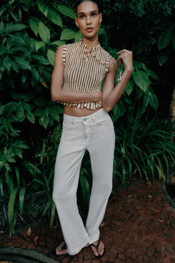 ZARA ТОП В ПОЛОСКУ С ЖАТКОЙ, ЭКРЮ/ЧЕРНЫЙ