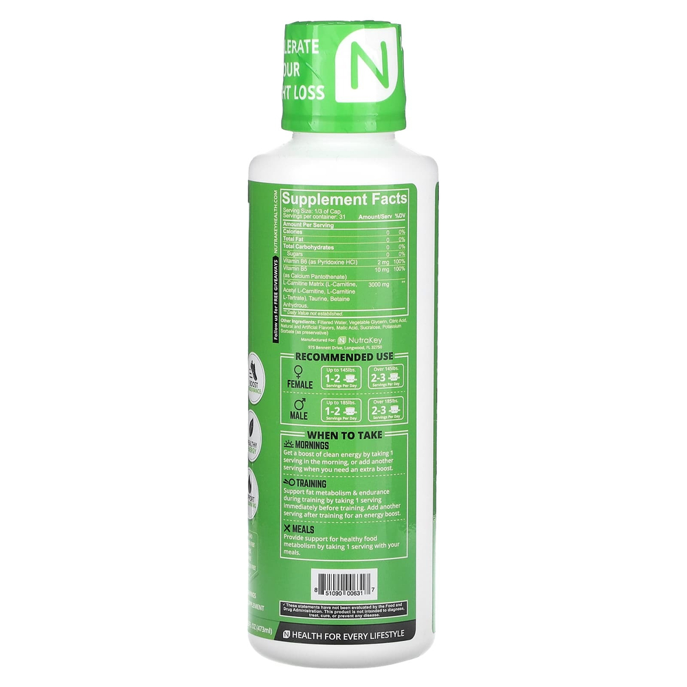 Nutrakey, L-карнитин 3000, морщинка из зеленого яблока, 473 мл (16 жидк. унц.)