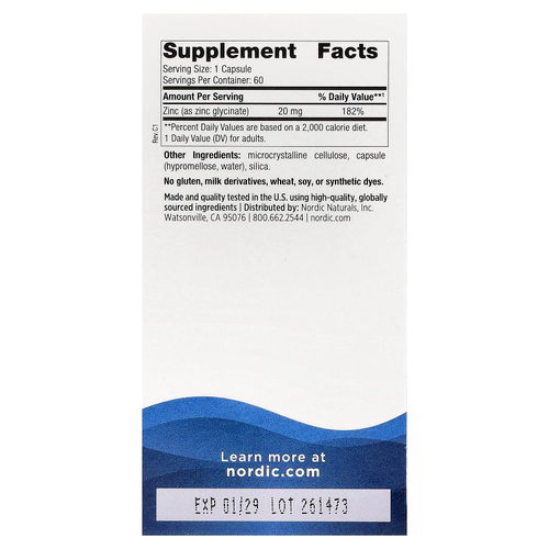Nordic Naturals, глицинат цинка, 20 мг, 60 капсул