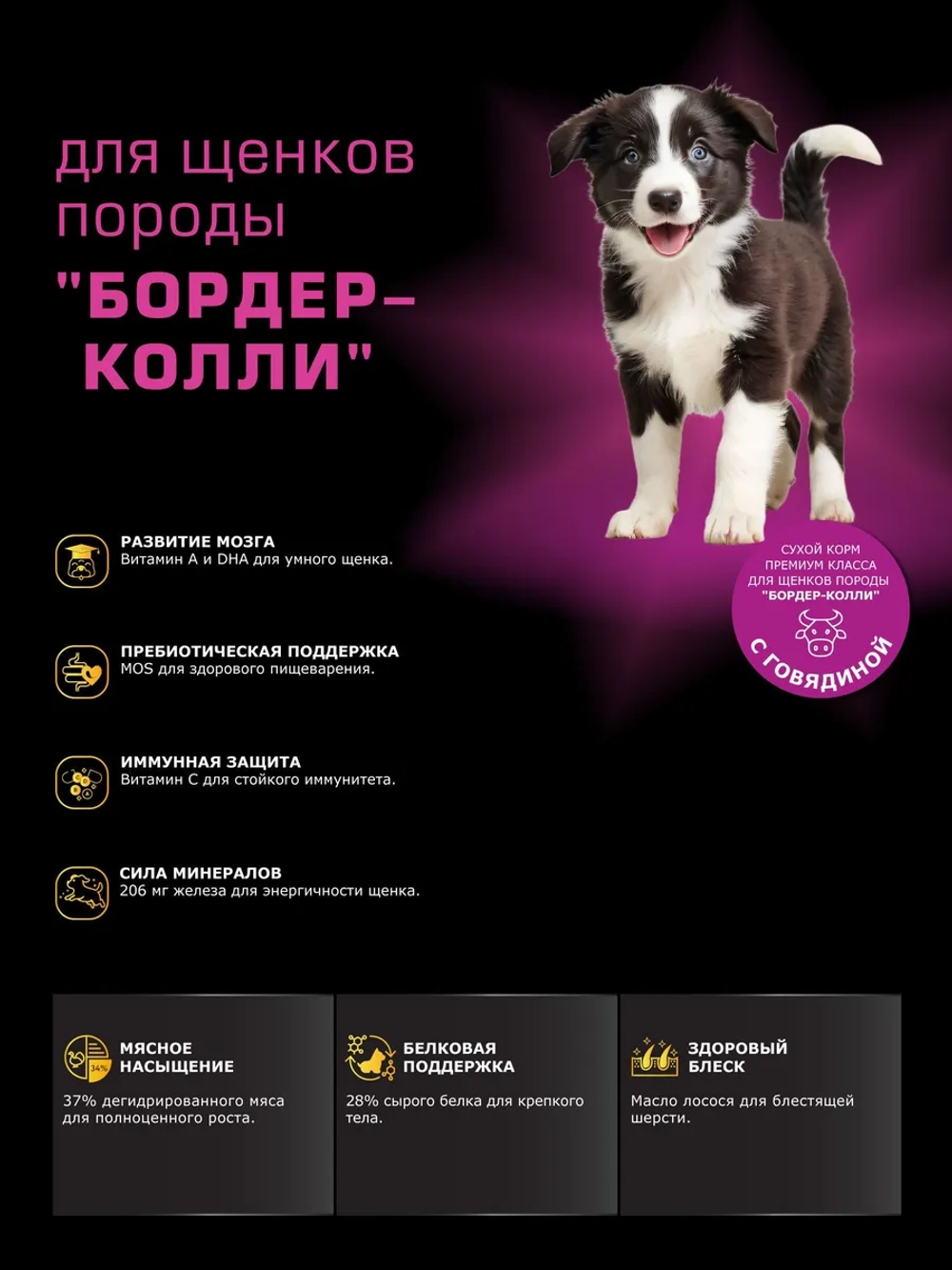 Корм для щенков Бордер-колли, с говядиной, 12 кг