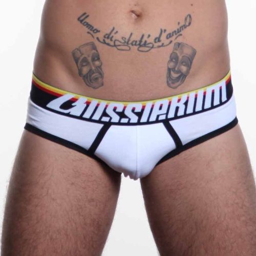 Мужские трусы слипы белые с (желто-красной) резинкой Aussiebum Fire Brief AB2074-2