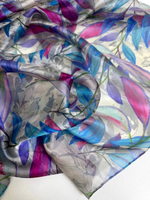 Шифон принт, silk, листья голубой/розовый на сером RH D8C2