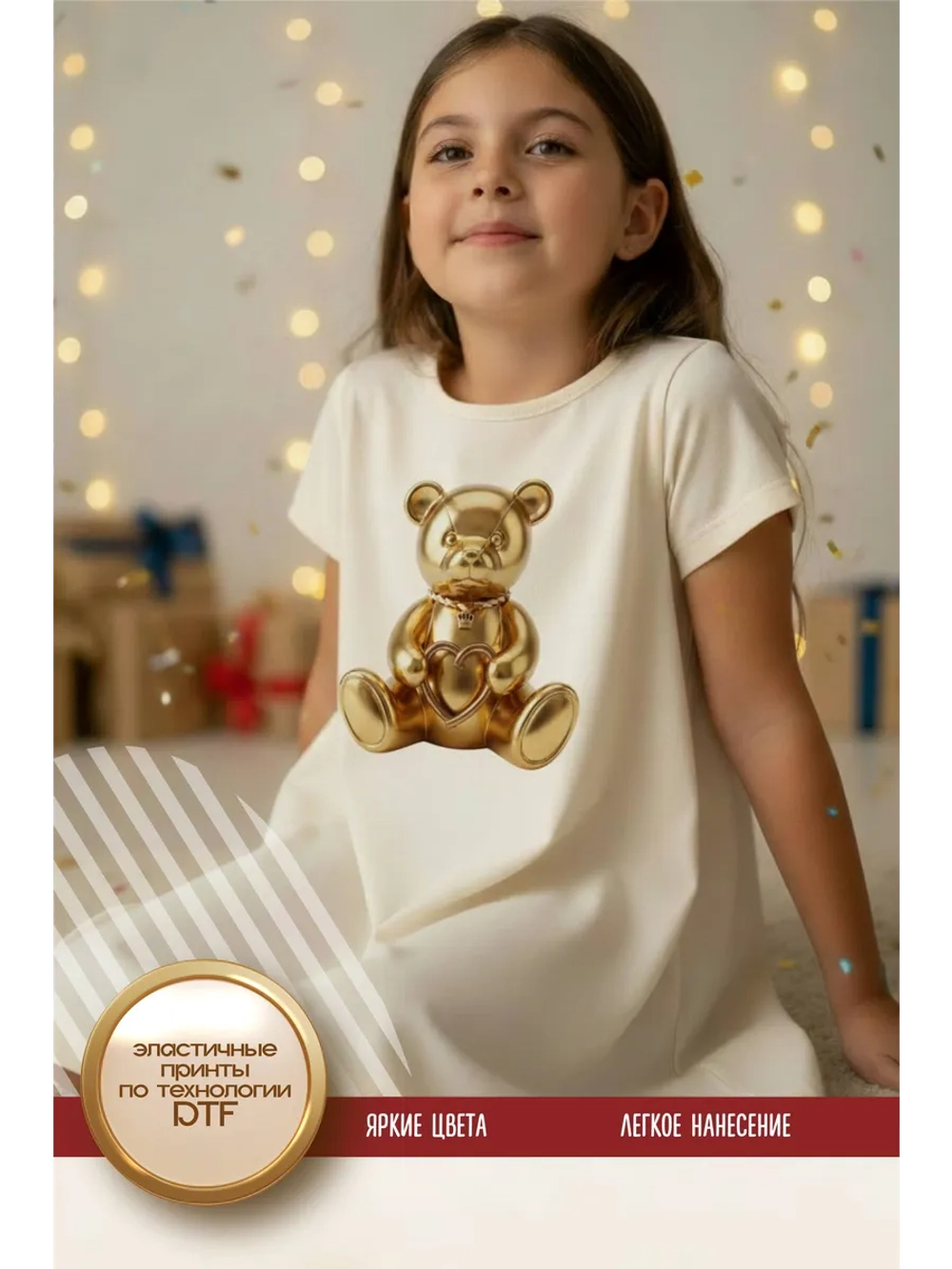 Термонаклейка на одежду, термопринт Мишка золото