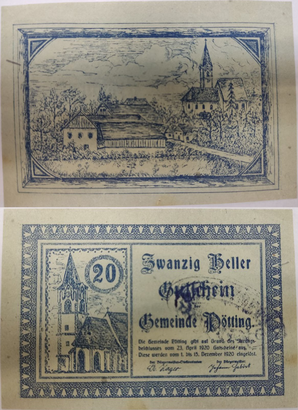 Австрия 20 геллеров Дёттинг 1920 aUNC