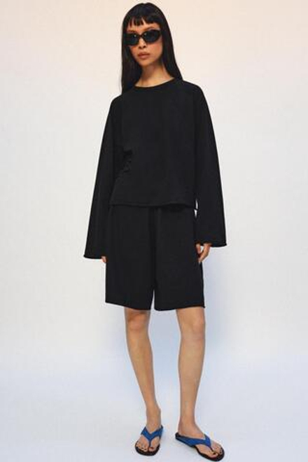 ZARA ХЛОПКОВЫЕ ШОРТЫ НА ШНУРКЕ, ЧЕРНЫЙ