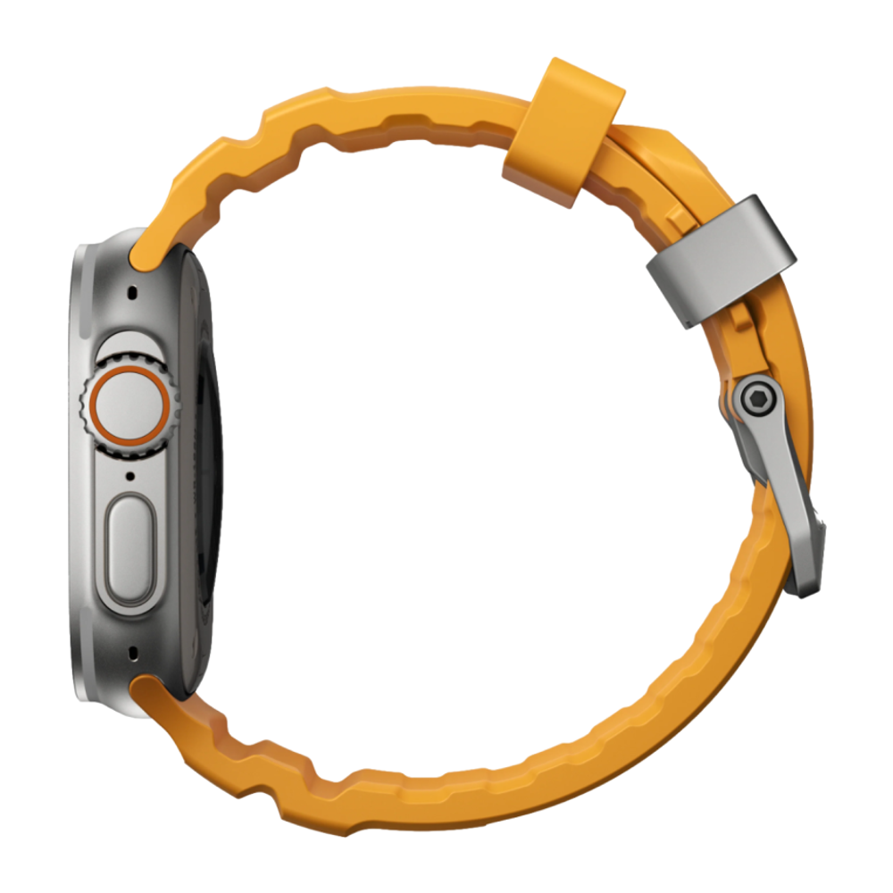 Спортивный ремешок Nomad Rocky Point Band для Apple Watch 44, 45, 46 мм и Ultra 2–3 Водостойкий ремешок из фторэластомера с классической застёжкой из титана 5-го класса. На запястье обхватом 145–195 мм
