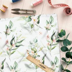 Ткань лен акварельные листья с цветами