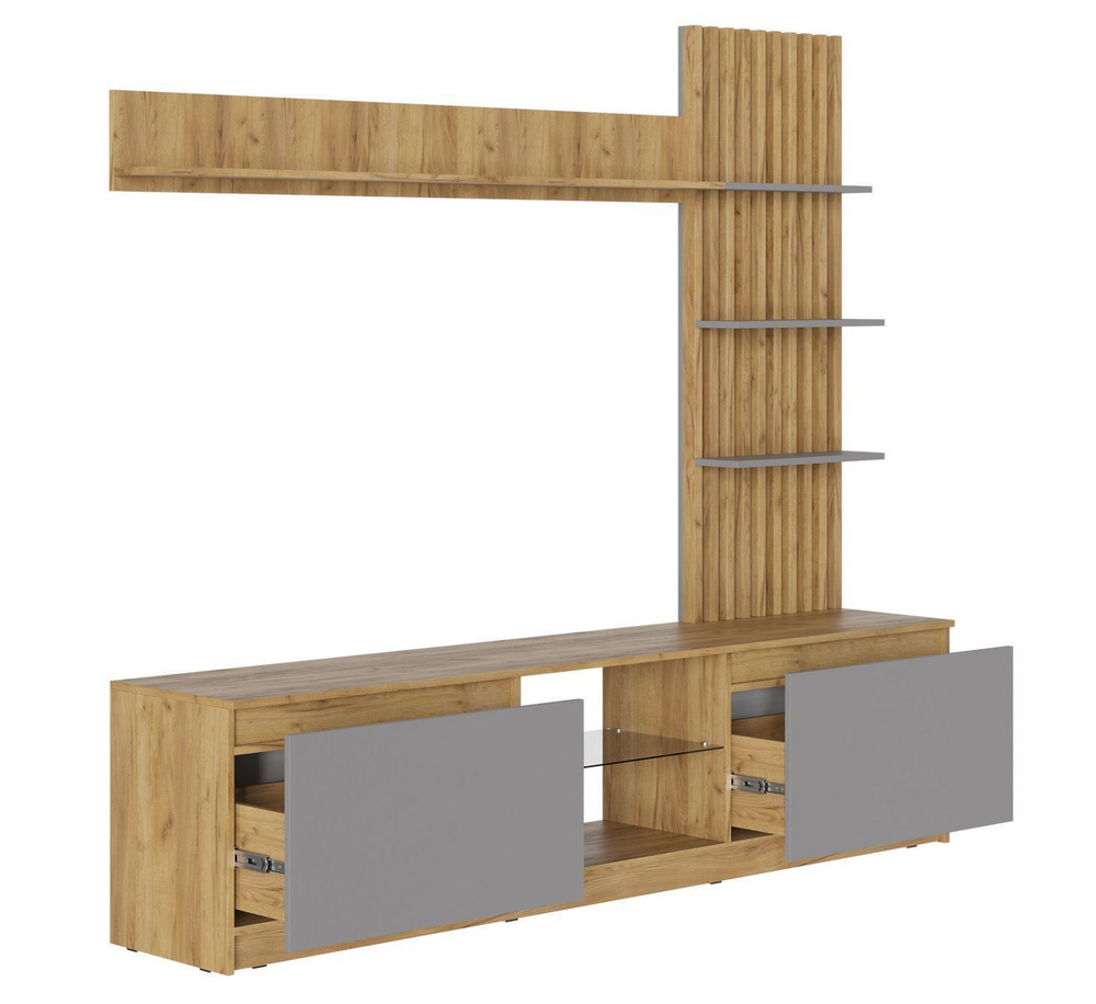 Стенка под телевизор в гостиную Дуб Крафт Золотой/Мдф Белый Глянец, Бостон, 210х41,3х191,4 см Стиль