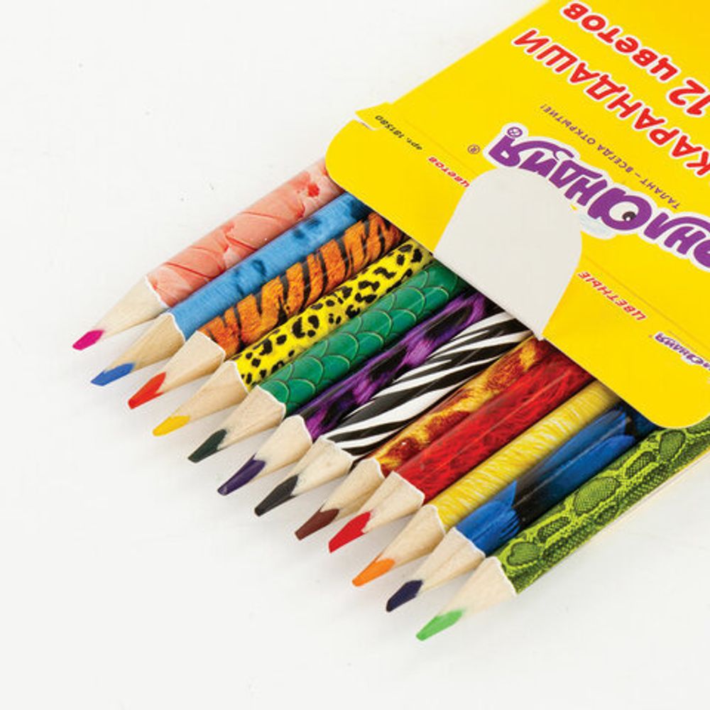 Карандаши цветные мягкие ЮНЛАНДИЯ "САФАРИ", 12 цветов, корпус с печатью, трехгранные, с раскраской, 181580