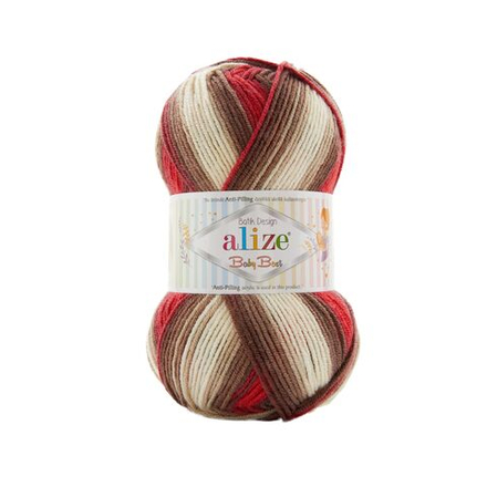 Беби бест батик (Baby best batik) пряжа Alize 10% бамбук 90%акрил 5х100г/240м 4574 бело-коричнево-красный