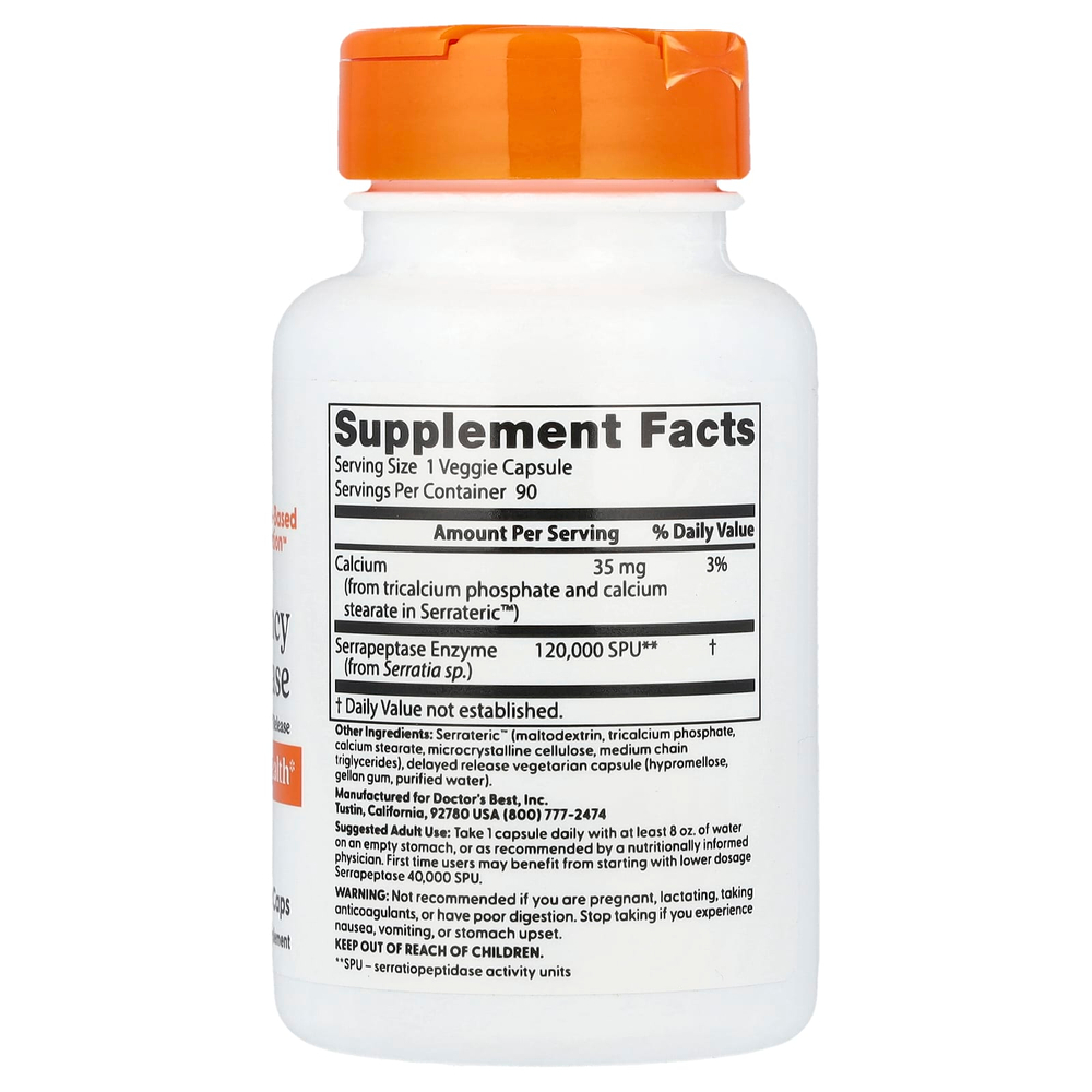 Doctor's Best, высокоэффективная серрапептаза, 90 растительных капсул