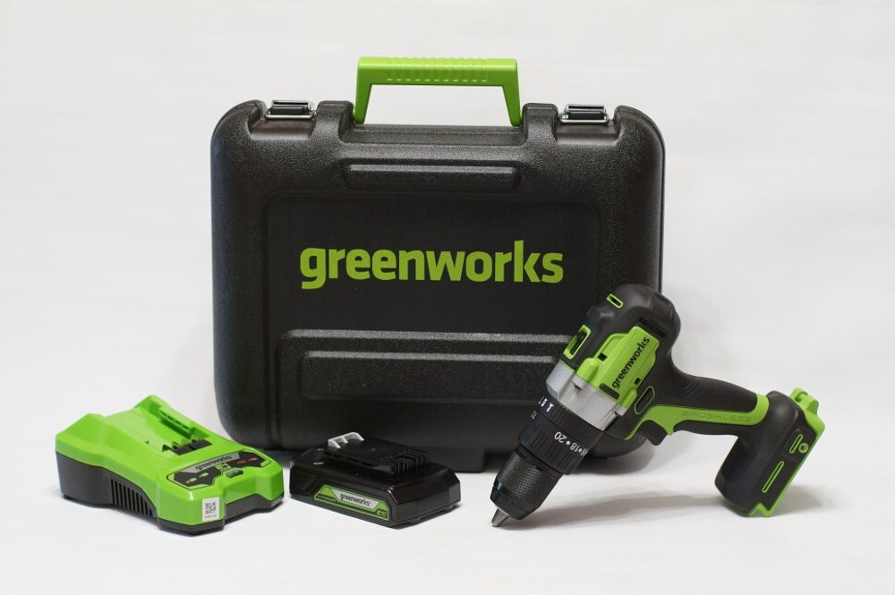 Дрель-шуруповерт 24V Greenworks GD24DD60K2 ударная б/щ 60Нм АКБ 2Ач и ЗУ кейс