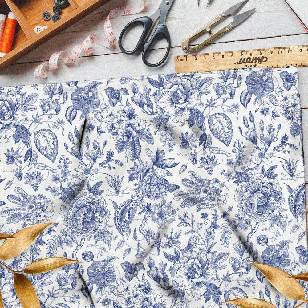 Ткань саржа розы росписью гжель