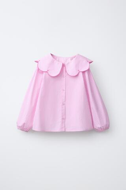 ZARA РУБАШКА В ПОЛОСКУ С ВЫШИВКОЙ НА ВОРОТНИКЕ, МЯГКИЙ РОЗОВЫЙ