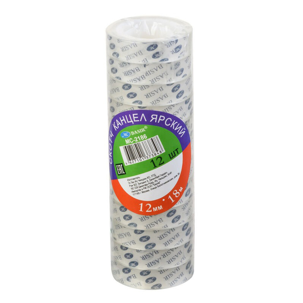 Клейкая лента (скотч) канцелярская Basir, прозрачная, 12 мм, 18 м, 12 шт