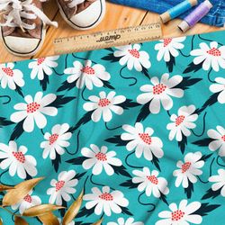 Ткань кулирная гладь простые ромашки на зелёном фоне