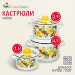 Набор посуды эмал сталь, 3 пр, кастрюли 1.5,2.9,4.5 л, индукц, СтальЭмаль, Земляника, 1с144