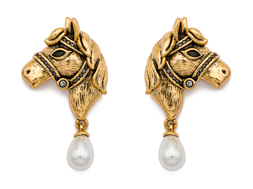 Серьги "Horse" 35мм, с жемчугом и стразами