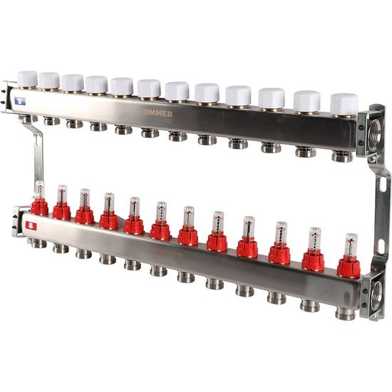 Коллектор Rommer 1"x3/4" на 12 контуров с расходомерами (нерж. сталь) RMS-1200-000012