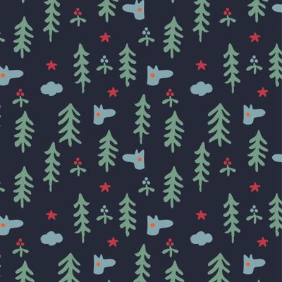 Серый волк, ёлки и ягоды на темно-синем