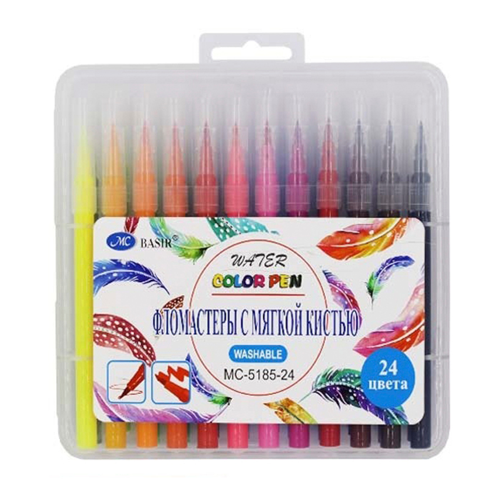 Фломастеры Basir, с мягкой кистью, в боксе, разноцветные, набор 24 шт