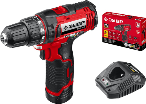 ЗУБР 12В, 1 АКБ (2Ач), в коробке, дрель-шуруповерт. ДШЛ-125-21
